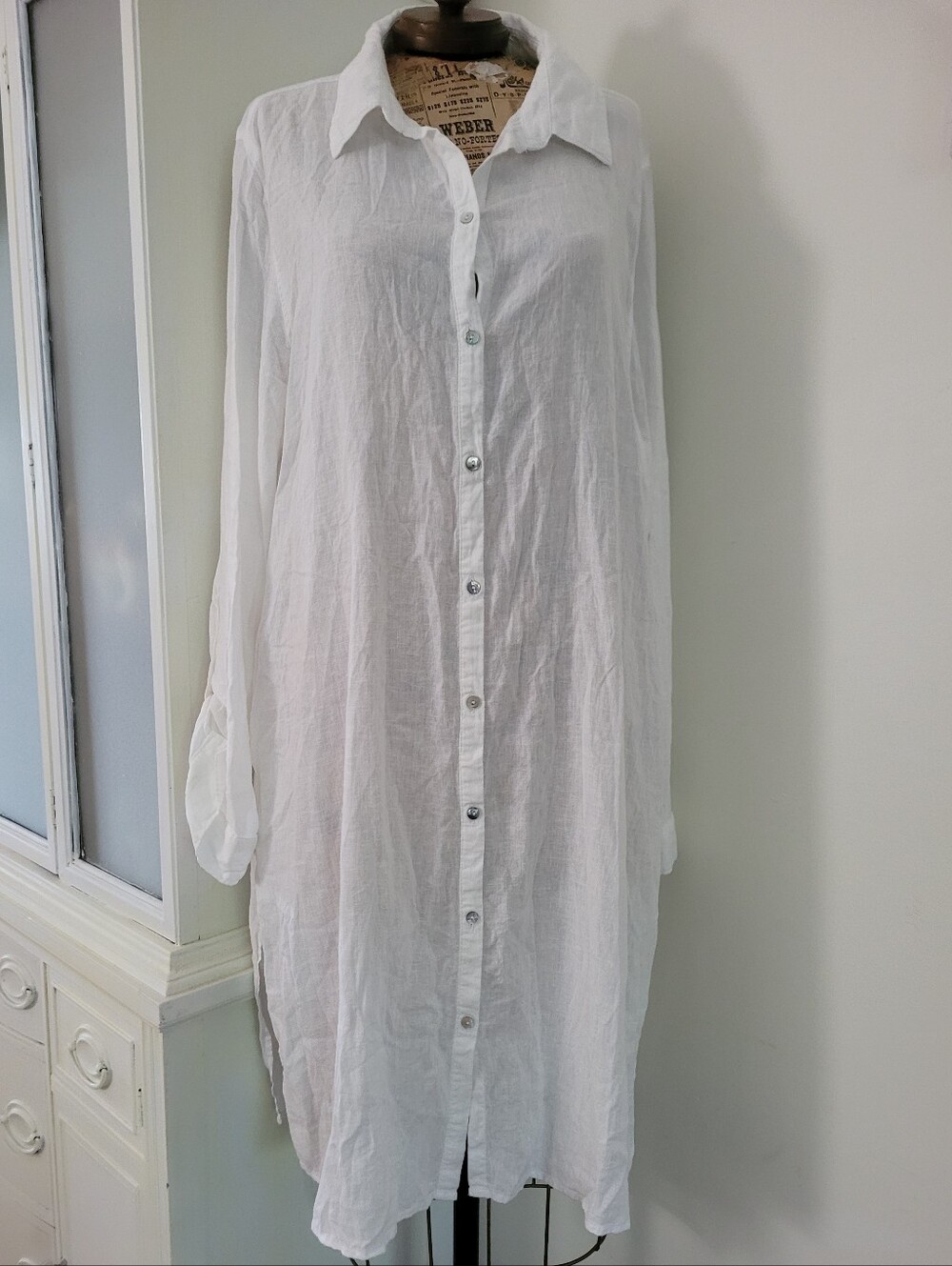Tahari White Linen-Blend Button-Down  Shirt Tunic Dress Lightweight XL